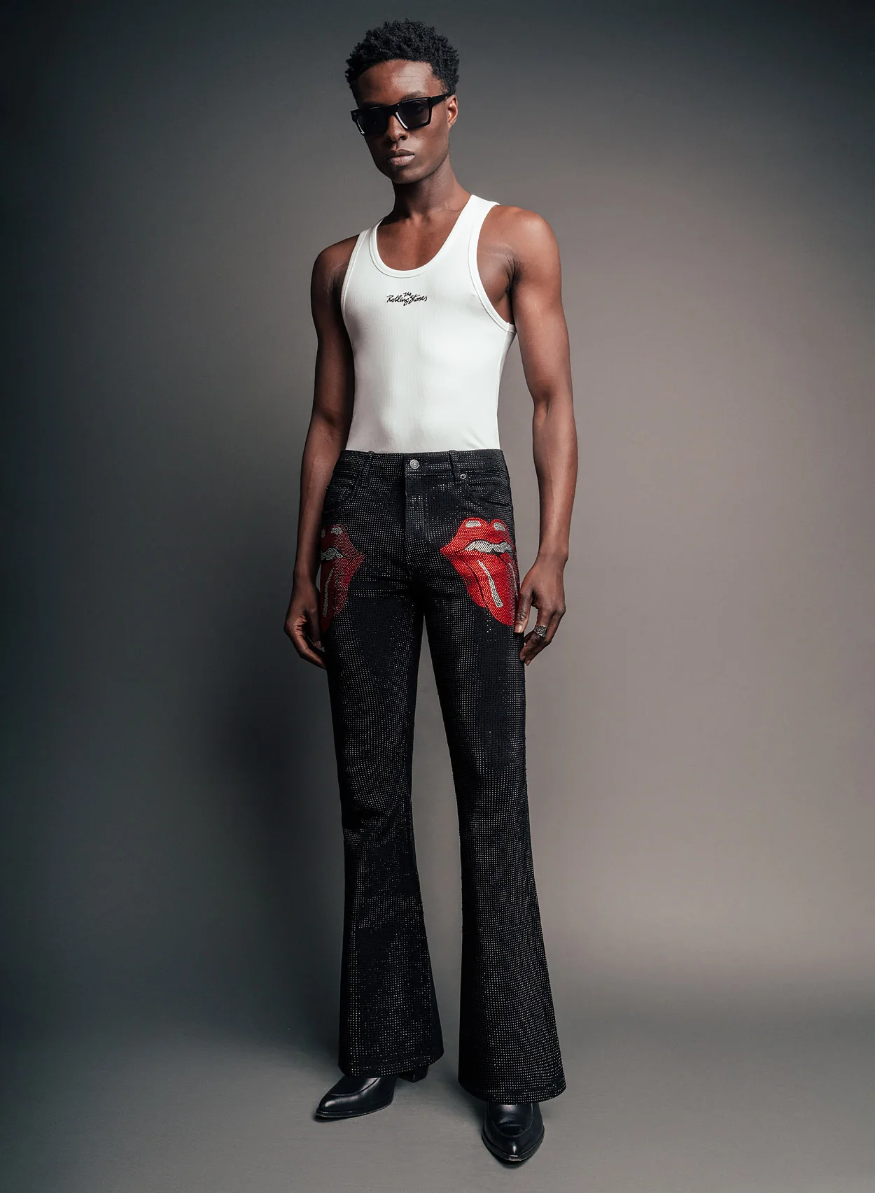 Phix X Rolling Stones Denim Rhinestone Red Tongue Denim Flares