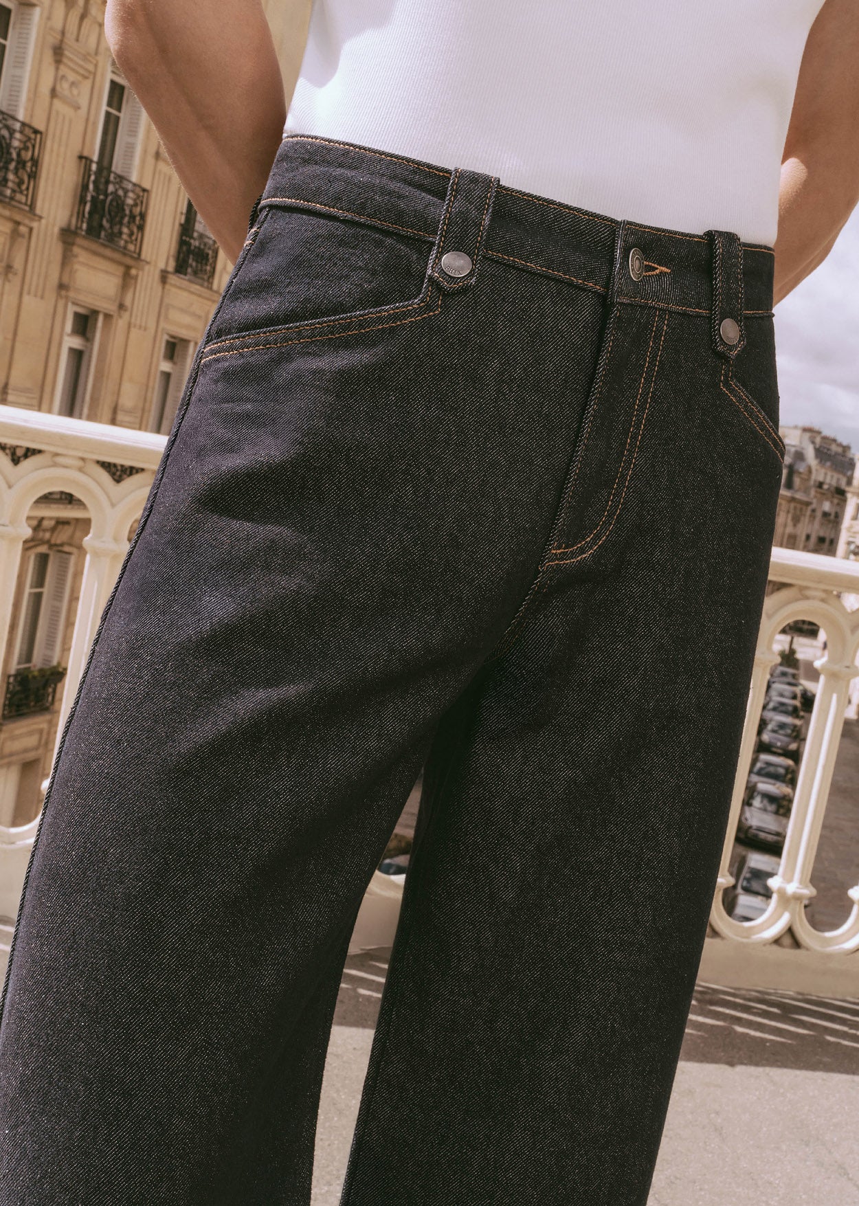 Raw Denim Pin Belt Flare Denim Jeans - Image 3