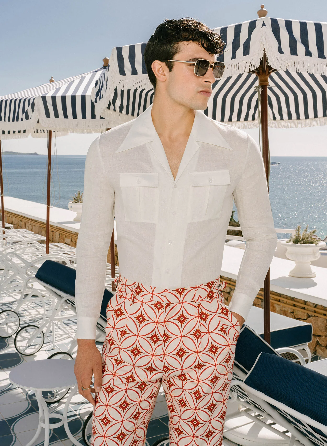 Ivory Geometric High Waisted Side Buckle Linen Trousers - Image 2