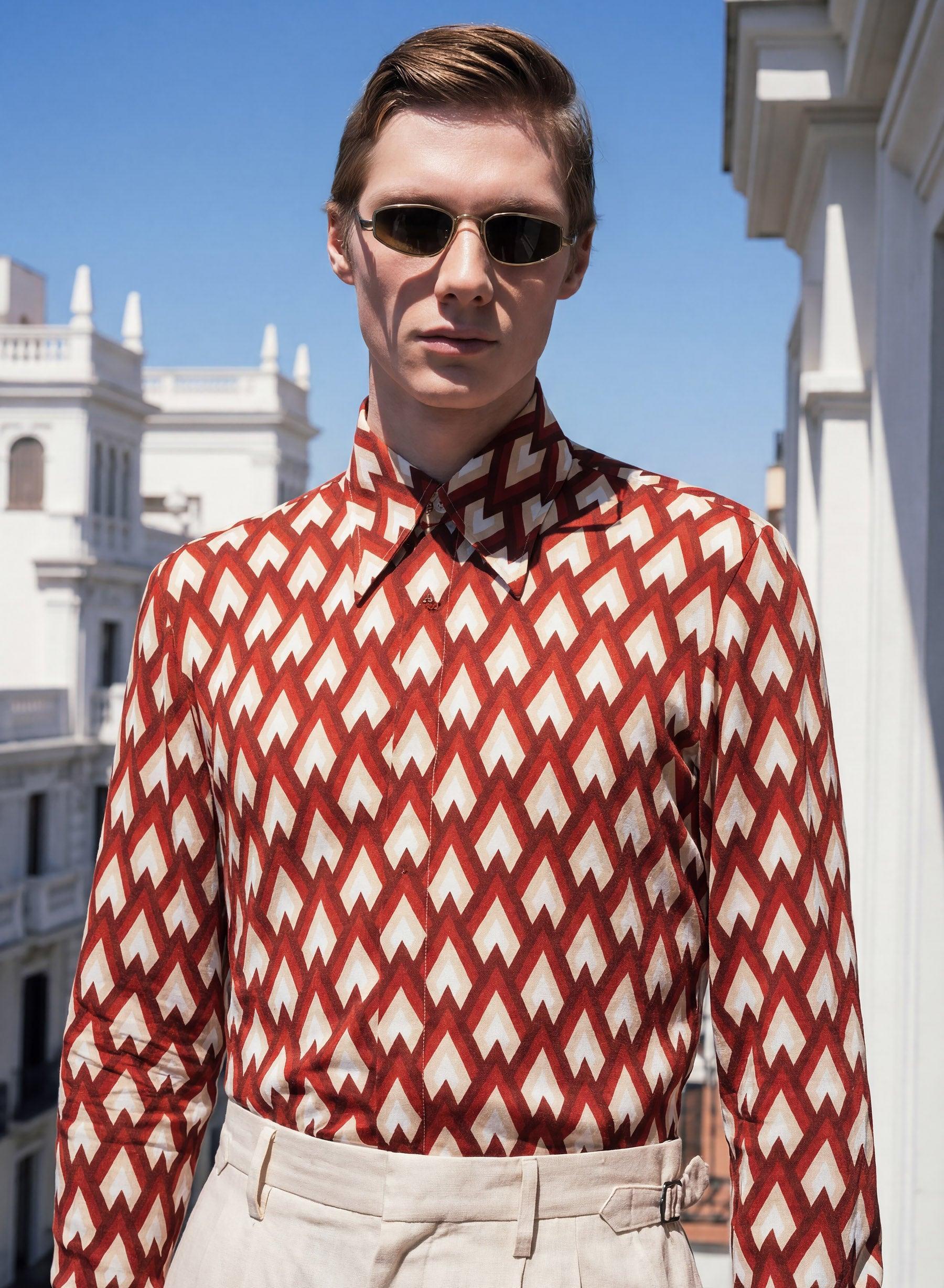 Burgundy Geometric Print Viscose Shirt - Image 2