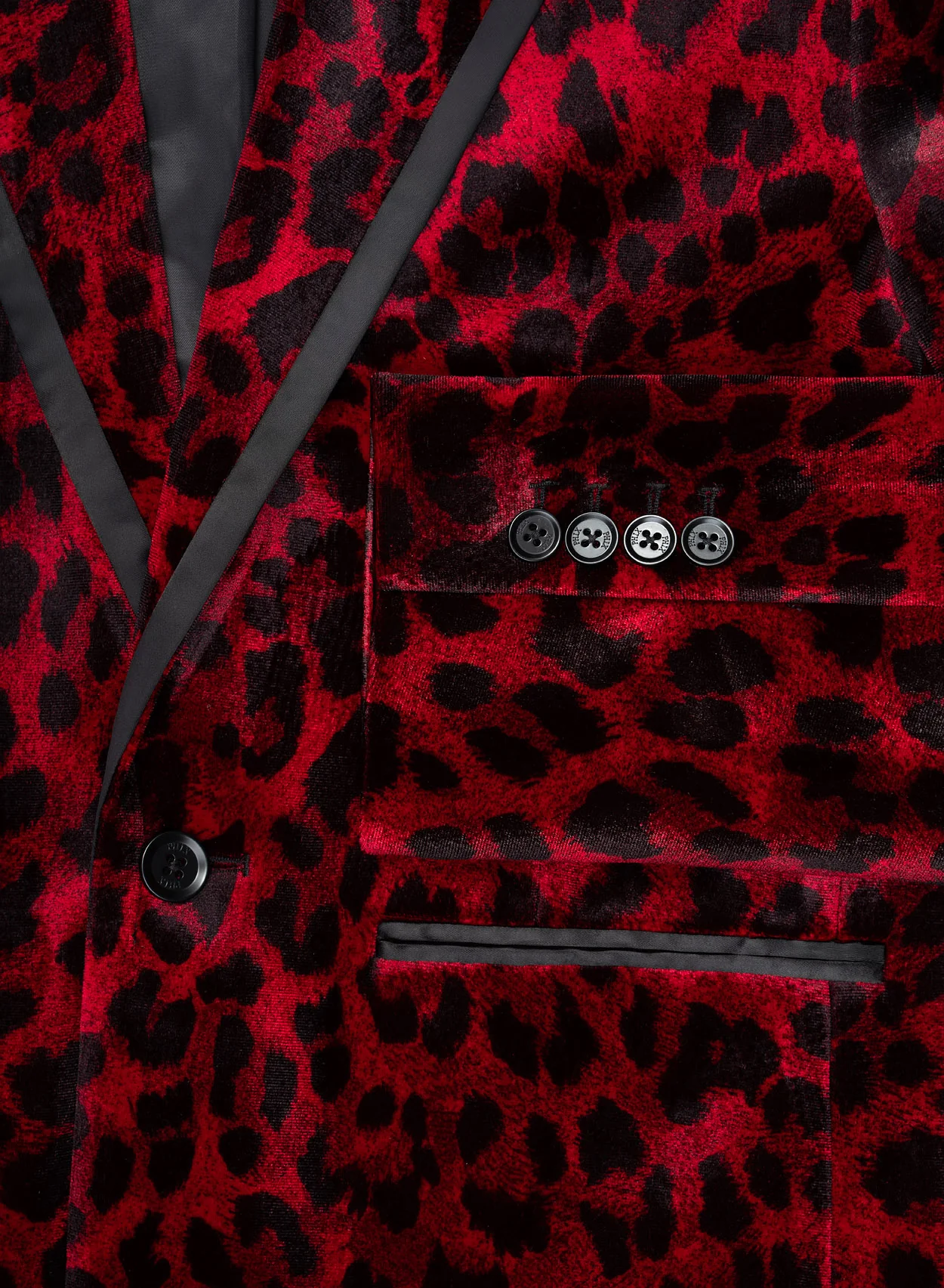 Red Velvet Leopard Print Blazer With Black Satin Lapel Trim - Image 4