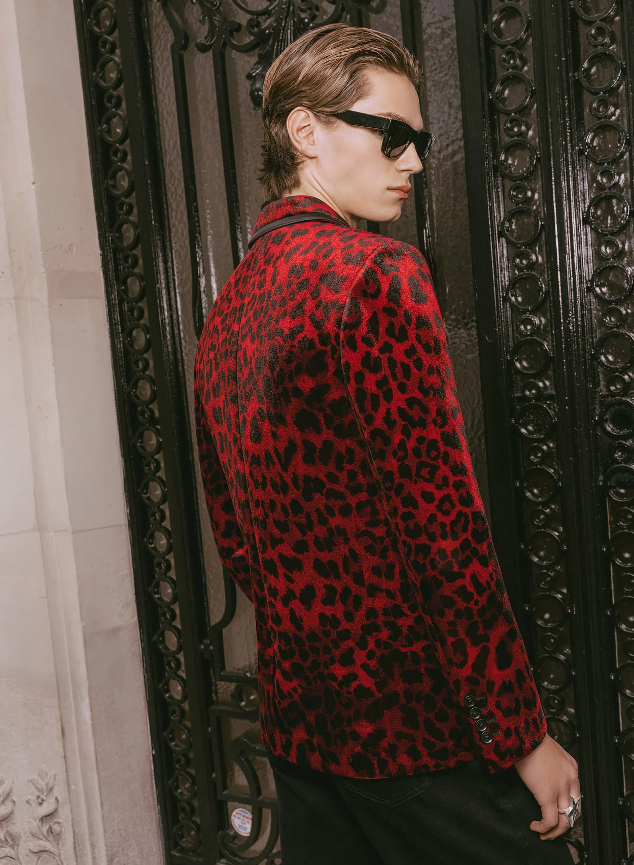 Red Velvet Leopard Print Blazer With Black Satin Lapel Trim - Image 8