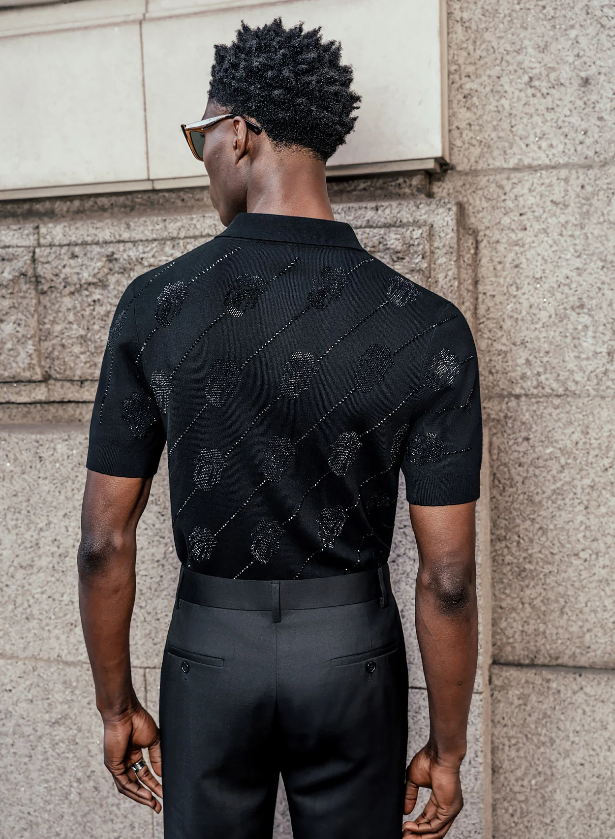 Phix X Rolling Stones Black Rhinestone Tongue Cotton Polo - Image 3