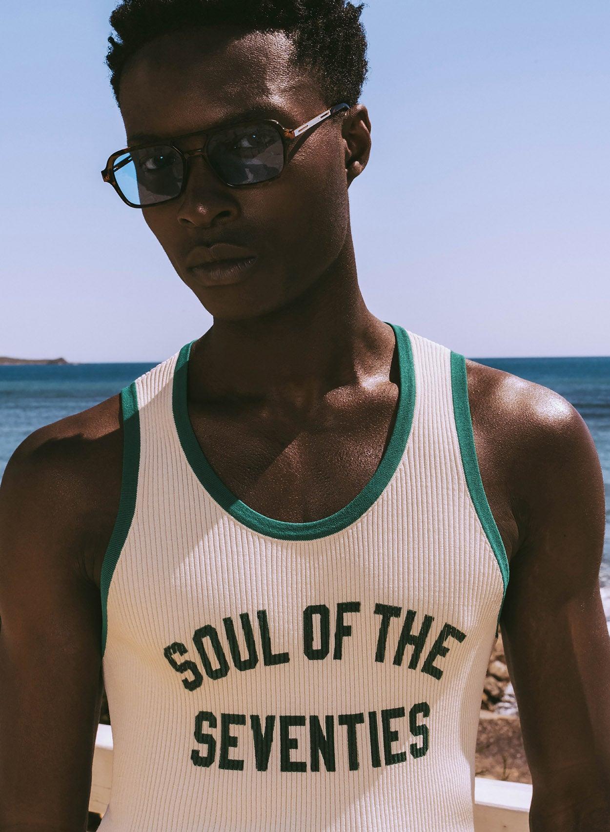 Soul of the Seventies Off White Green Trim Ribbed Vest - Image 3