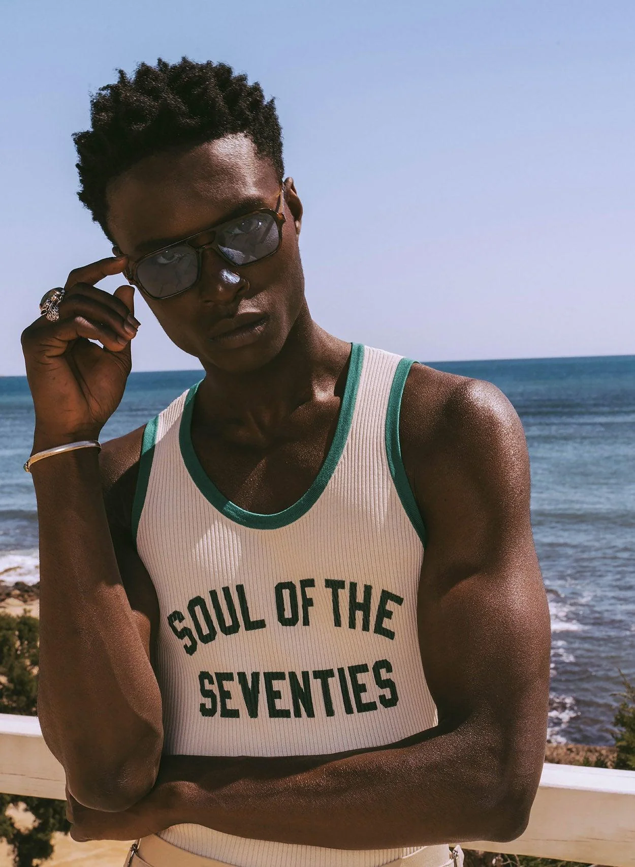 Soul of the Seventies Off White Green Trim Ribbed Vest - Image 4