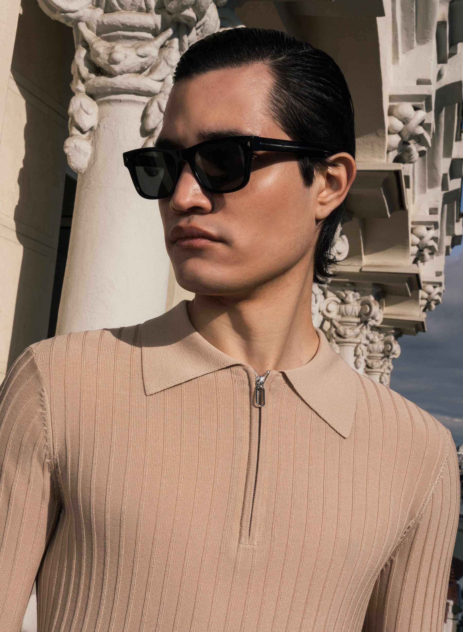 Riviera Silk Blend Tan Ribbed Zip Polo - Image 3