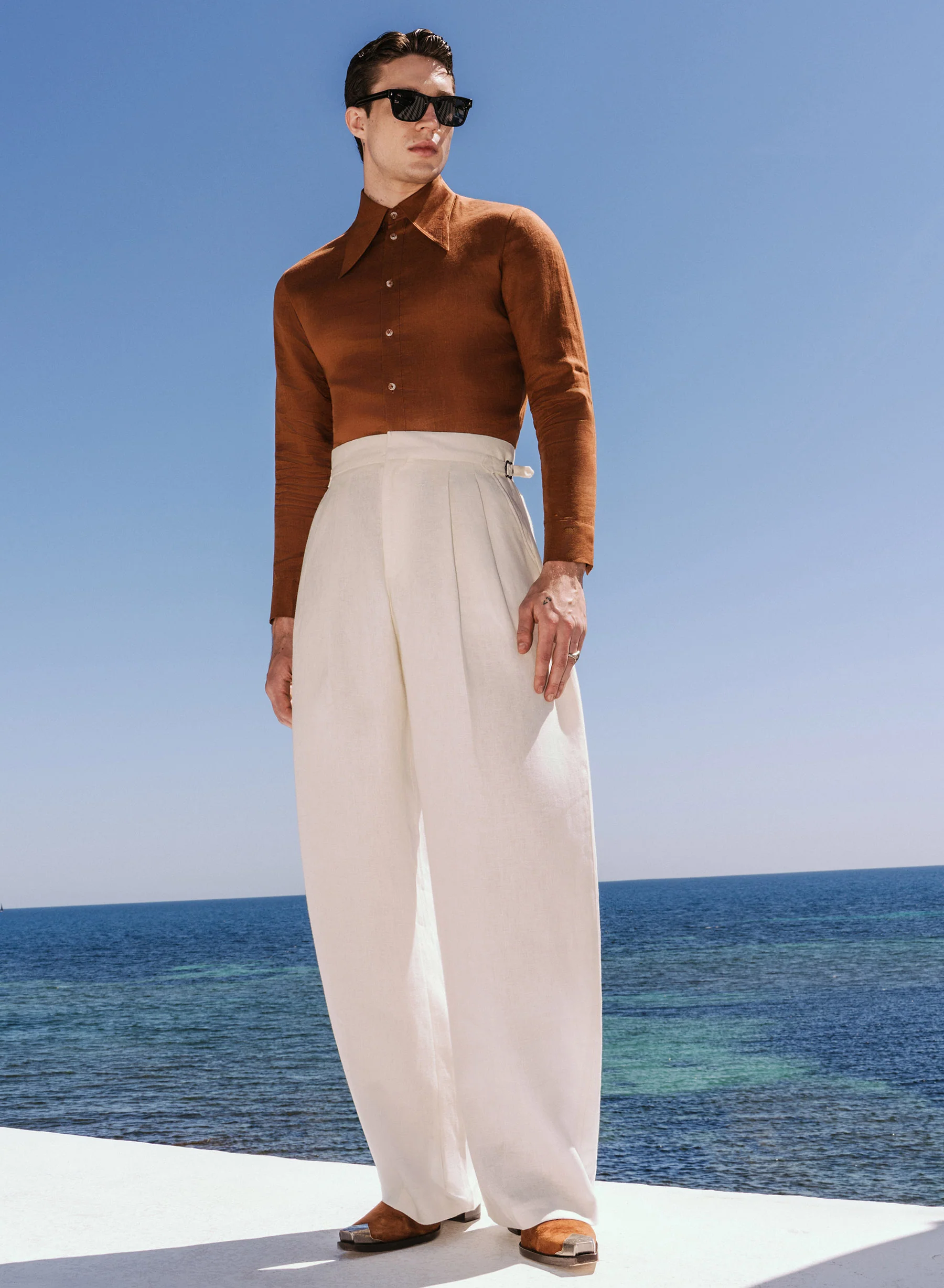 White Barrel Leg High Waisted Side Buckle Pure Linen Trousers