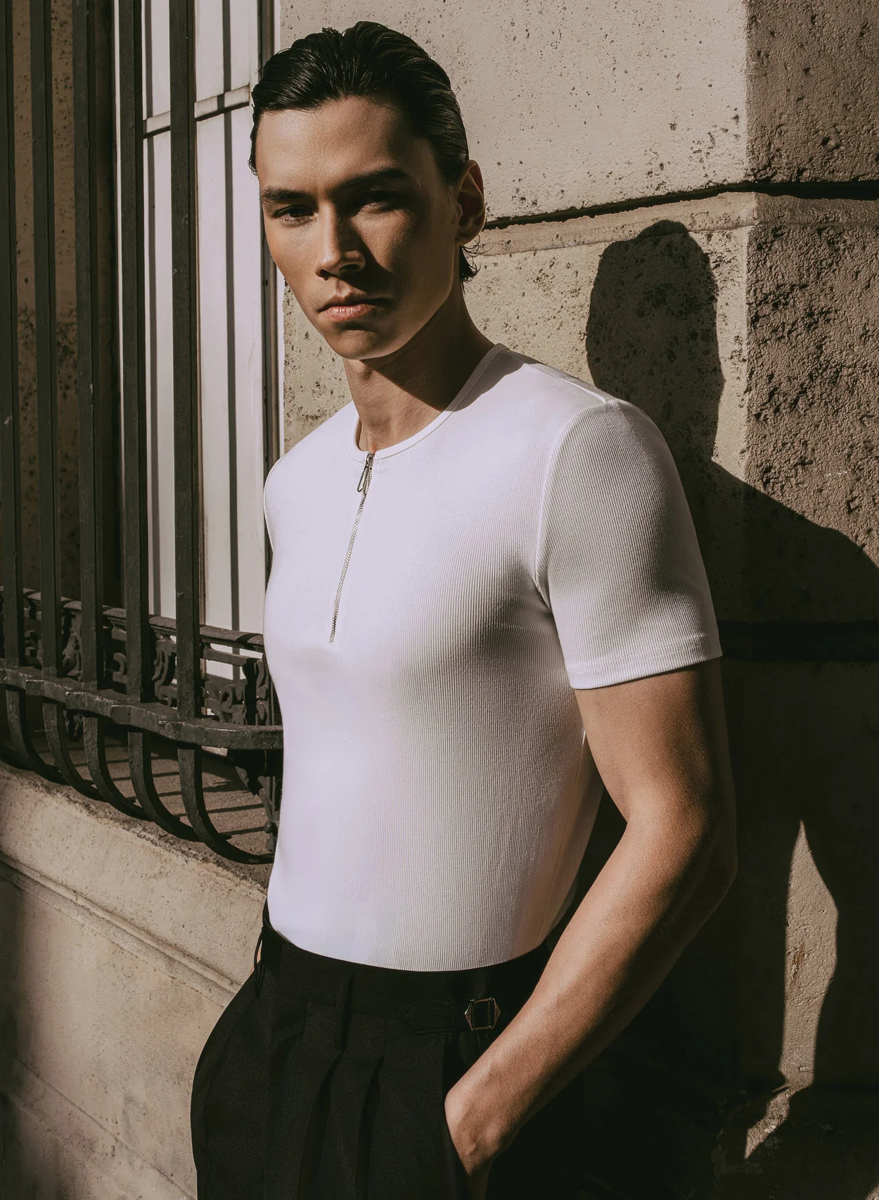 White Ribbed Cotton Henley Zip T-Shirt - Image 4
