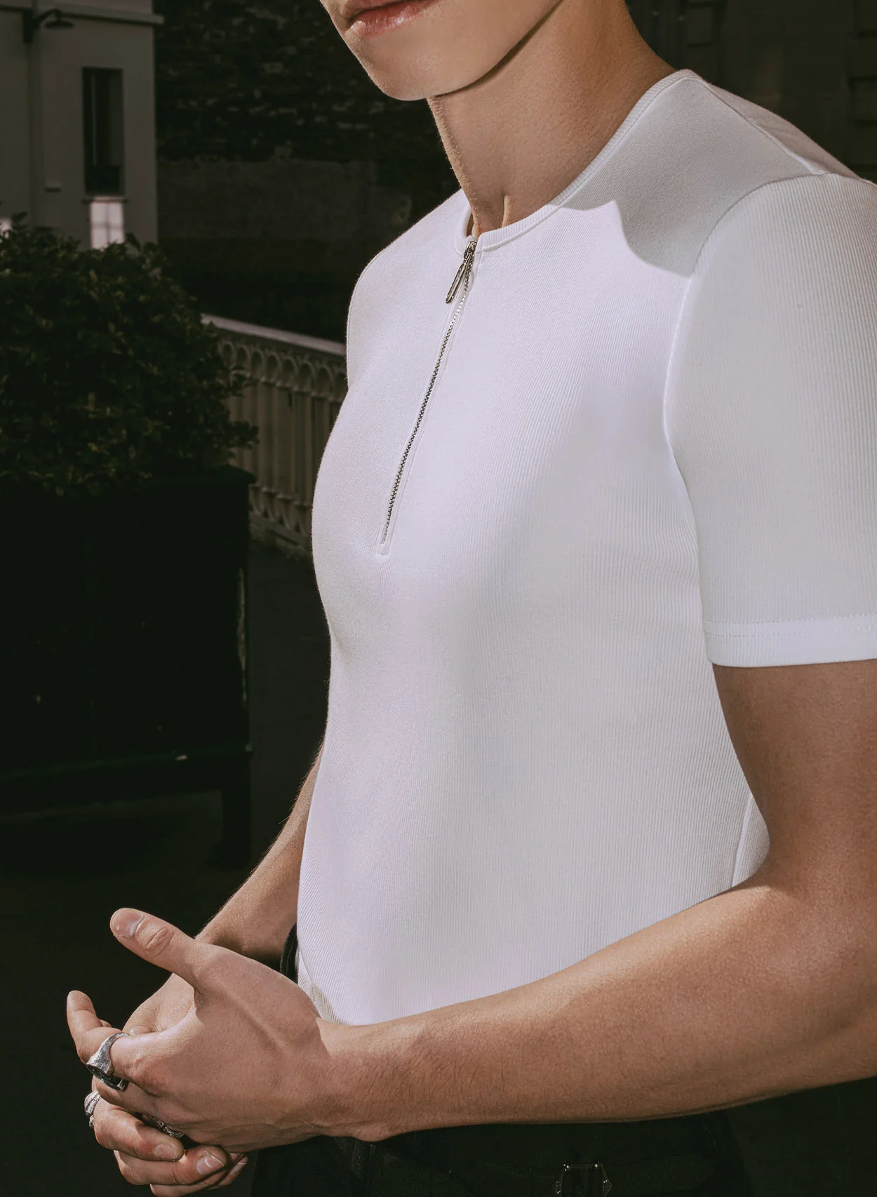 White Ribbed Cotton Henley Zip T-Shirt - Image 8