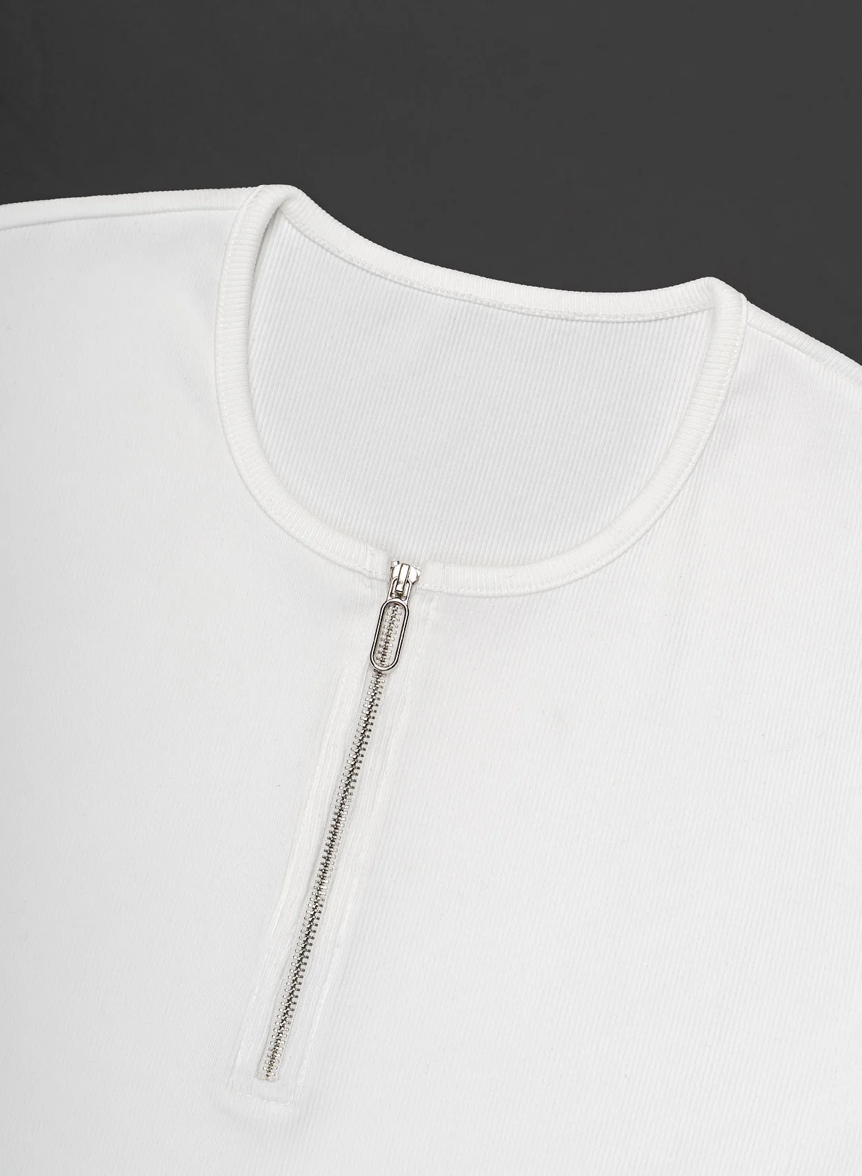 White Ribbed Cotton Henley Zip T-Shirt - Image 9