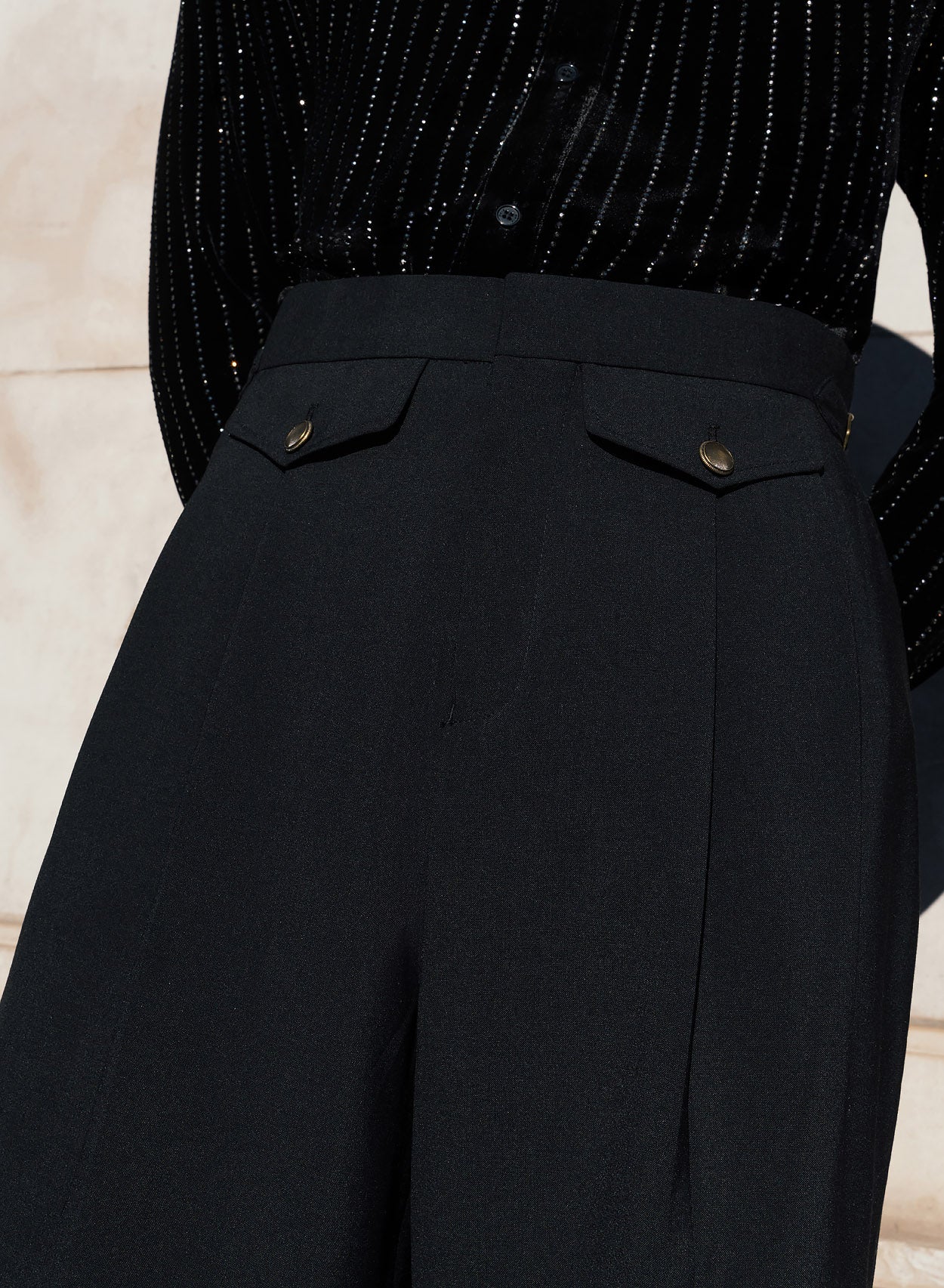 Black Wide Gold Button Buckle Flare Trousers - Image 6